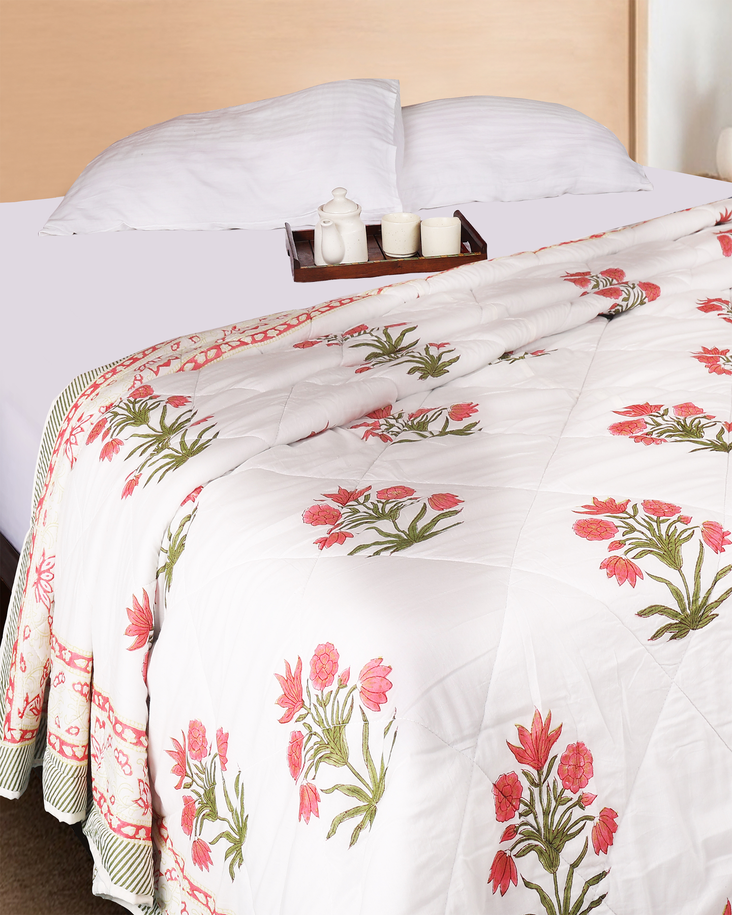 White Hand Block Printed Reversible Double Bed Quilt